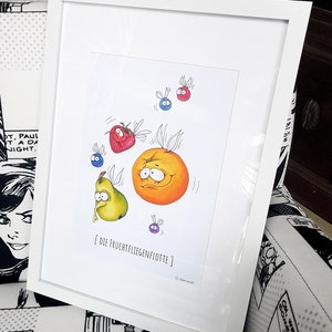 Gerahmtes Bild "Fruchtfliegen". Wanddeko, Wandbild, Bild, Zeichnung, Illustration, Früchte, Obst, Poster, DIN A4 in DIN A3 gerahmt
