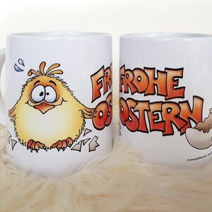 Tasse Frohe Ostern. Mit einem niedlichen Küken. Motivtasse aus Keramik. Tasse. Kaffee. Tee. Becher. DoodleBeeArtwork.