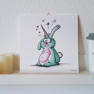 Wanddeko. Wandbild. Das Einhornhasi. Bilderdruck mit Illustration auf Forex-Hartschaumplatte, quadratisch, 210 x 210 mm.