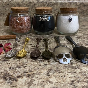 Altar Spoon and Salt Set ( Black Salt, Pink Himalayan Salt, Sea Salt) -Spells, rituals, herbs spoon-Witch Spoon- Apothecary spoon-