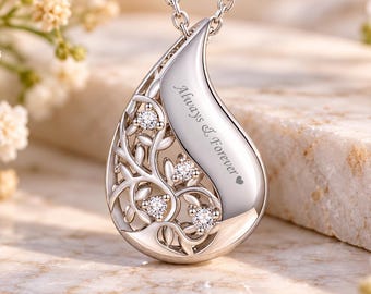 925 Sterling Silver Teardrop Tree of Life Urn Necklace for Ashes - Personalized Keepsake Memorial Necklace - Engraved Keepsake for Women