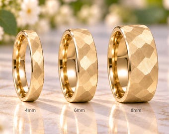 Gold Hammered Tungsten Wedding Band Ring in 4mm 6mm or 8mm Width Engraved Personalized Wedding Band Mens Womens Thin Hammered Ring 18k