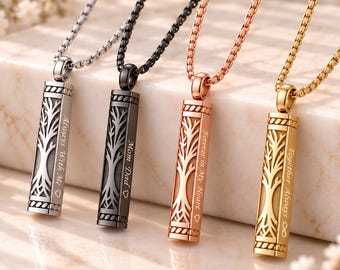 Tree of Life Urn Necklace for Ashes, Stainless Steel Cremation Jewelry Bar Memorial Pendant, Keepsake Necklace, Sympathy Gift for Him or Her