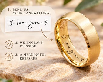 Personalized Actual Handwriting Tungsten Wedding Band, Brushed Gold Mens Ring 4mm 6mm 8mm Keepsake Ring
