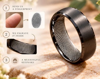 Personalized Fingerprint Tungsten Wedding Band for Men – Engraved Keepsake Gift 4mm 6mm 8mm Black Gold or Silver