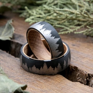 Whiskey Barrel Man Women Ring - Pine Tree Forest Pattern Mens Wedding Band, Oak Wood Mens Ring Nature Scenery, Tungsten Ring, Marriage Rings