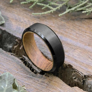 Black Whiskey Barrel Rings, Unique Men Wedding Band, Mens Wooden Promise Ring, Tungsten Wedding Bands for Men, Mens Engagement Ring For Him