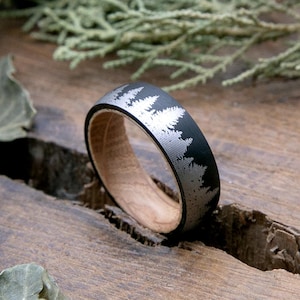Whiskey Barrel Wood Tungsten Ring, Pine Tree Forest, Mens Wedding Band, Nature Oak Inspired Ring, Engagement Anniversary Band, 8mm Mens Band