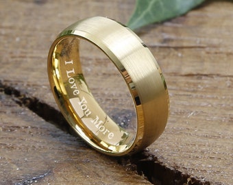 Gold Tungsten Wedding Band, Engraved Wedding Ring, Personalized Ring, Mens Ring, Brushed Gold Wedding Band, Personalized Ring, Mens Gift