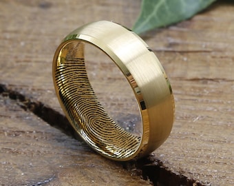 Fingerprint Ring Mens Wedding Band, GOLD Tungsten Ring, Mens Ring, Mens Wedding Ring, Wedding Band, Mens Engagement Ring, Actual Fingerprint