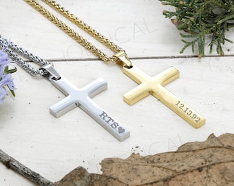 Men's 14K Gold Highly Polished Stainless Steel Cross Pendant and Curb Cuban Link Chain Necklace High Quality Engraved Personalized Jewelry