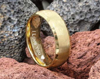 Alianza de boda para hombre, anillo de tungsteno de oro amarillo de 18k, anillo de boda grabado de 8 mm, anillo de compromiso, anillo de promesa, anillos para hombre, anillo de oro para hombre
