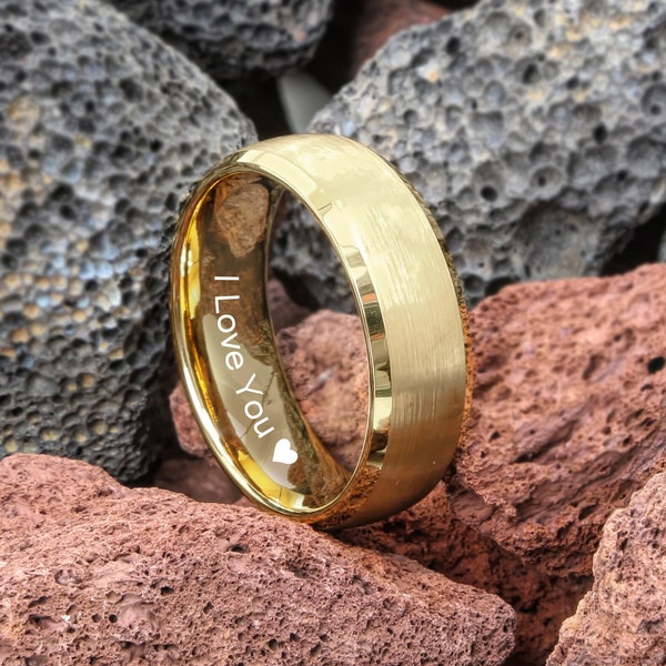 Mens wedding band, tungsten ring yellow gold 18k, engraved wedding ring 8mm, engagement ring, promise ring rings for men gold ring mens ring