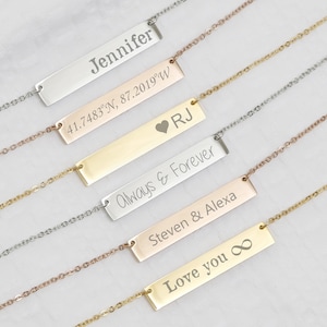 Custom Engraved Necklace, Personalized Bar Necklace, Date Necklace, Name Necklace, Coordinates Necklace, Gift Necklace, Valentines Day, Wife