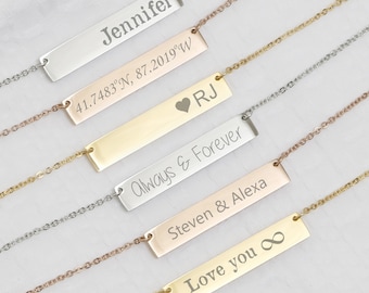 Custom Engraved Necklace, Personalized Bar Necklace, Date Necklace, Name Necklace, Coordinates Necklace, Gift Necklace, Valentines Day, Wife