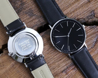 Groomsmen Gifts Watch, Personalized Groomsmen Engraved Watch, Father of the Groom Gift, Groomsman Watch, Best Man Watch, Leather Watch BLK