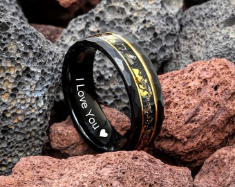 Meteorite Ring Tungsten Carbide Hammered Black Rose Gold Plated Stripe 24K Gold Foil & Meteorite Ring Mens Ring, Gold Crushed Meteorite Ring