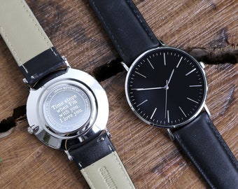 Regalo de escritura a mano, regalo de aniversario para él, reloj grabado, regalo de cumpleaños para él, reloj para hombre, regalo personalizado para hombre, reloj grabado unisex negro