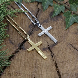Custom Engraved Cross Necklace SILVER GOLD Mens Pendant Choker Christ Christian Christening Religious Spiritual Baptism Stainless Steel