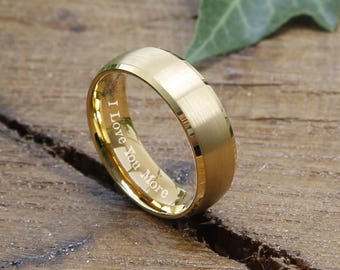 Mens Wedding Band, Mens Gold Wedding Band, Matte and Polished Step Edge Gold Tungsten Ring 14k 18k
