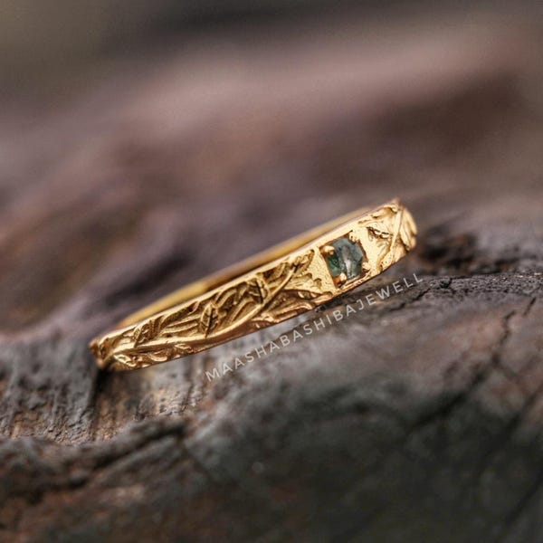 Anello con gemma a forma di ramoscello, fascia in agata muschiata placcata oro 18 carati, gioiello di fidanzamento in argento sterling, regalo per solitario