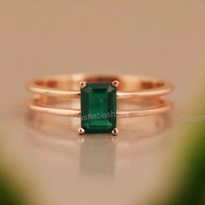 Green Emerald Ring, 14k Rose Gold Plated Ring, Solitaire Engagement Ring, Silver Gemstone Ring, Boho Weeding Ring, Anniversary Gift For Her