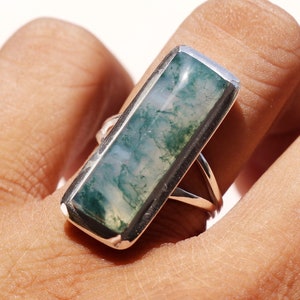 Rectangle Moss Agate Ring, Handmade Silver Ring, 925 Sterling Silver Ring, Natural Moss Agate Jewelry, Boho Statement Ring, Gift For Her