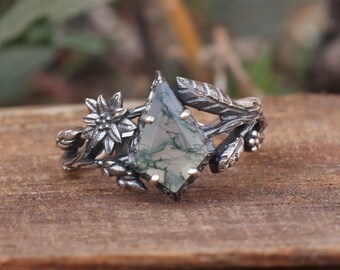 Silver Branches Ring, Moss Agate Ring, 925 Sterling Silver Ring, Handmade Nature Inspired Ring, Leaves Ring, Celestial Jewelry, Gift For Her