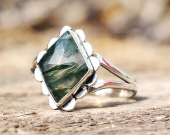 天然モスアゲートリング、925スターリングシルバーリング