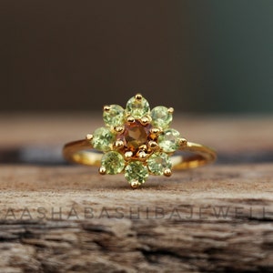 Natural Citrine & Peridot Ring, 18k Gold Plated Ring, Birthstone Ring, Dainty Weeding Ring, Bohemian Ring, Promise Ring, Anniversary Gift
