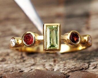 Peridot & Garnet Ring, 18k Gold Plated Sterling Silver, Handmade