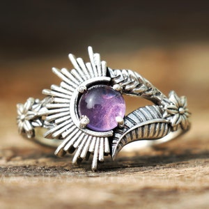 Natural Amethyst Ring, Half Sunrise Moon Ring, 925 Sterling Silver Ring, Antique Designer Ring, Nature Silver Ring, Anniversary Gift For Her
