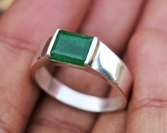 Handmade Green Jade Signet Ring, Sterling Silver Band