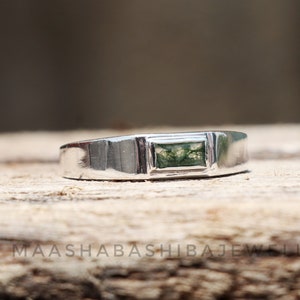 Natuurlijke mosagaat herenring, verlovingsring, zegelring, 925 sterlingzilveren ring, sierlijke beloftering, jubileumring, cadeau voor hem