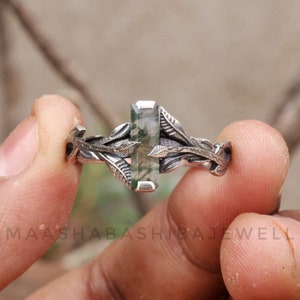 Moss Agate Tree Branches Ring, Sterling Silver, Handmade