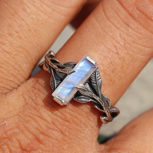 Unique Silver Branches Ring, Natural Moonstone Ring, 925 Sterling Silver, Nature Inspired Ring, Celestial Jewelry, Leaves Ring, Gift For Her