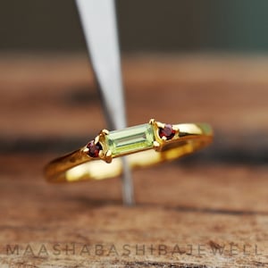Natural Peridot & Garnet Ring, 18k Gold Vermeil Ring, Solitaire Engagement Ring, Birthstone Ring, Weeding Promise Ring, Anniversary Gift Her