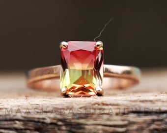 Emerald Cut Watermelon Tourmaline Ring, 18k Rose Gold Vermeil Ring, Bi Color Ring, Doublet Quartz Ring, Weeding Ring, Christmas Gift For Her