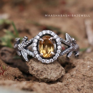 Silver Leaves Ring, Engagement Ring, Natural Citrine Ring, 925 Sterling Silver Ring, Handmade Celestial Ring, Tree Branch Ring, Gift For Her