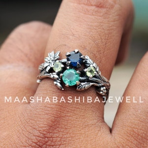 Twig Gemstone Ring, Green Emerald & Sapphire Ring, 925 Sterling Silver Ring, Handmade Ring, Engagement Jewelry, Wedding Ring, Christmas Gift