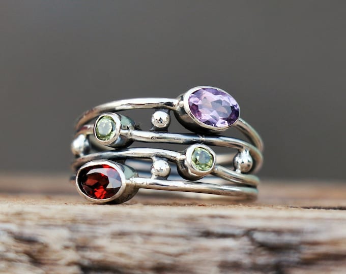 Handmade Sterling Silver Amethyst Garnet Peridot Ring, Wire Wrapped Design Band, Wedding Gemstones Ring