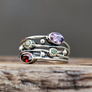 Handmade Sterling Silver Amethyst Garnet Peridot Ring, Wire Wrap Design