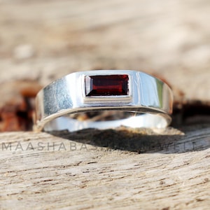 Natural Garnet Ring, Men's Signet Ring, 925 Sterling Silver Ring, Dainty Baguette Ring, Handmade Weeding Rings, Anniversary Gift For Him/Her