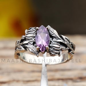 Silver Branches Ring, Natural Amethyst Ring, 925 Sterling Silver Ring, Handmade Celestial Ring, Weeding Rings, Anniversary Ring,Gift For Her