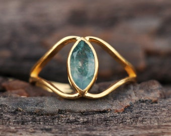 Natural Moss Agate Ring, Marquise Bezel Ring, 18k Gold Plated Ring, Dainty Solitaire Ring, Promise Ring, Handmade Anniversary Gift For Her