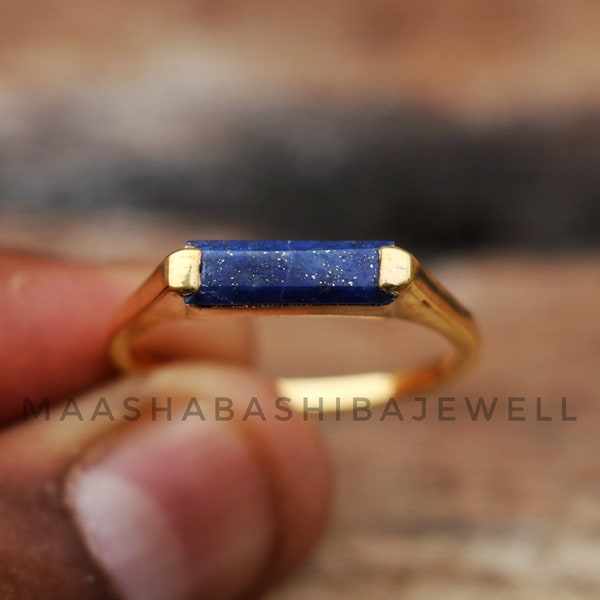 Lapis Lazuli Ring: 18k Gold Plated 925 Sterling Silver, Handmade Rectangle Bar Gemstone Wedding Signet Ring For Him