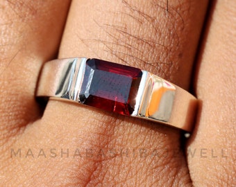 Natural Garnet Ring, Men's Ring, 925 Sterling Silver Ring, Silver Gemstone Ring, Emerald Cut Ring, Stackable Ring, Christmas Gift For Him
