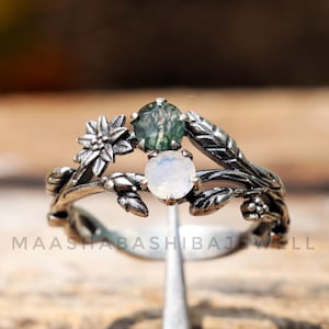 Natural Moonstone & Moss Agate Ring, Silver Branch Ring, Flower Celestial Ring, 925 Sterling Silver Ring, Leaves Dainty Ring, Christmas Gift