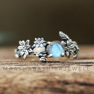 Silver Floral Branch Ring, Natural Labradorite Ring, Celestial Ring, 925 Sterling Silver Ring, Handmade Ring, Weeding Ring, Christmas Gift