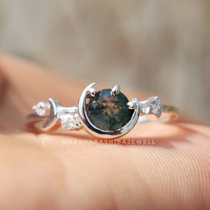 Natural Moss Agate Ring, Crescent Moon 925 Sterling Silver Ring, Handmade Ring, Silver Gemstone Ring, Wedding Ring, Minimalist Gift For Her